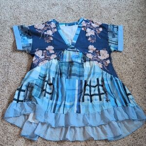 SHEIN Blue Floral Patchwork Mini Dress Or Tunic Sz M